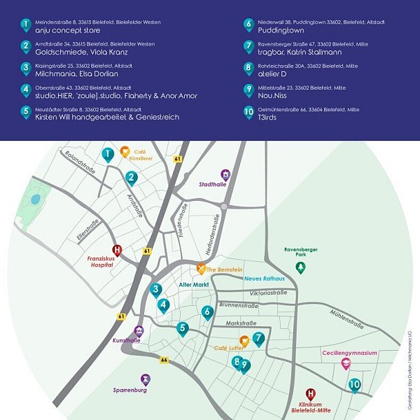 Die Stationen beim Local Collections Walk sind in der Bielefelder Innenstadt verteilt. - © Grafik: Elsa Dorlian